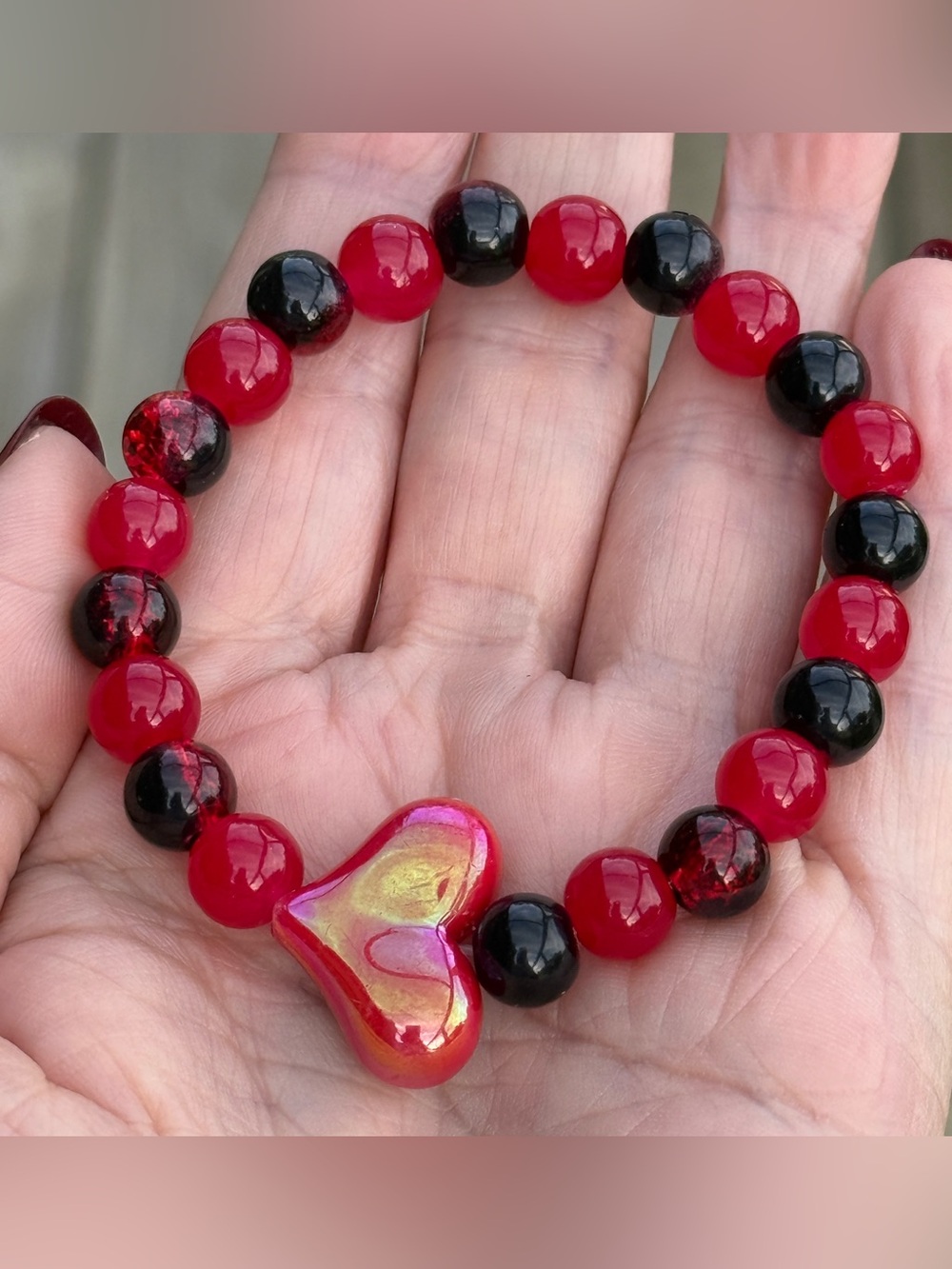 Coquette Red Heart Beaded Bracelet Gameday Black New BTJ - Picture 2 of 4